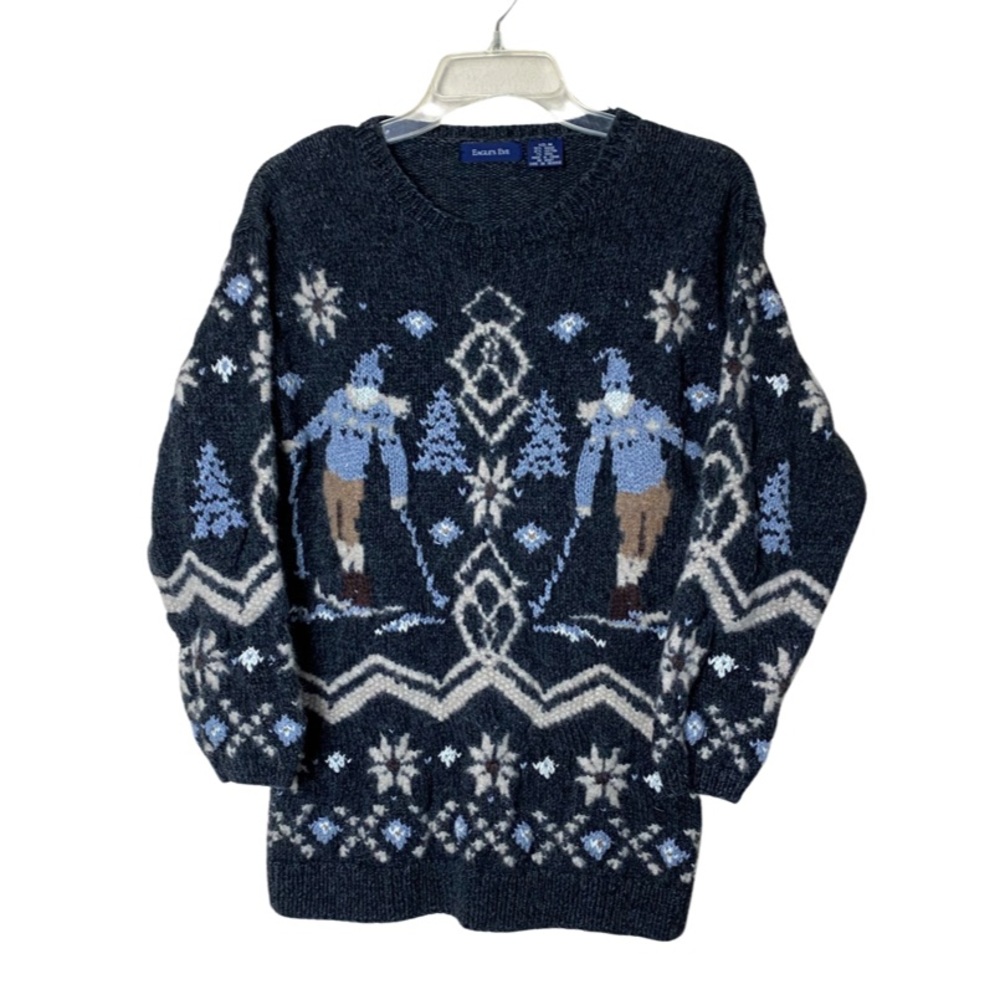 Eagles Eye Gray Wool Blend Crew Neck Chunky Sweater With Snow Skiers Medium